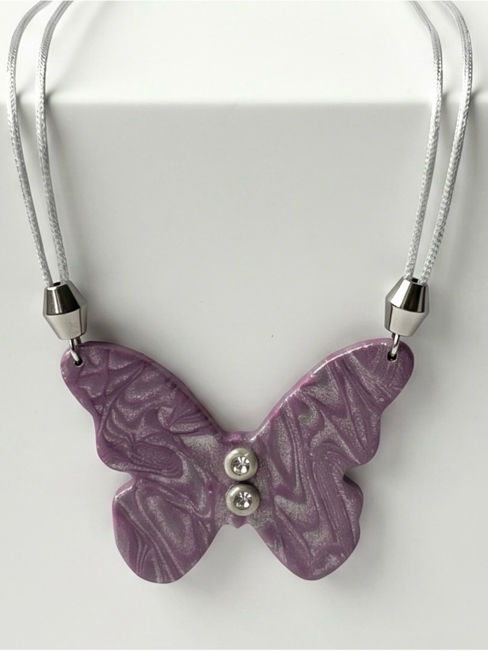 Polymer Clay Pink & Purple Swirl Butterfly Handmade Pendant Necklace Satin Cord
